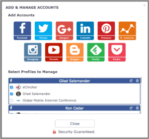 Add Manage Accounts popup. eClincher, social media management tool