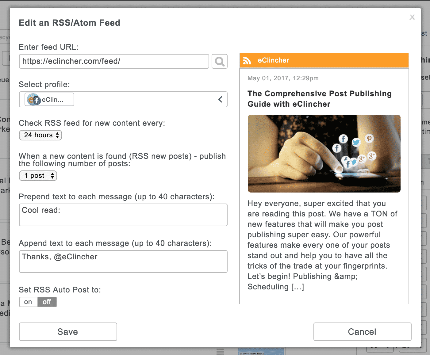 Auto Post with RSS feeds settings - Automatically post fresh new content from RSS feeds.