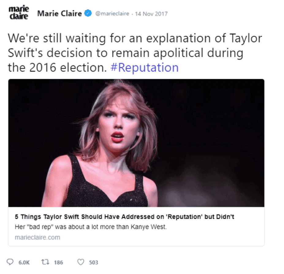 Marie Claire Tweet about Taylor Swift