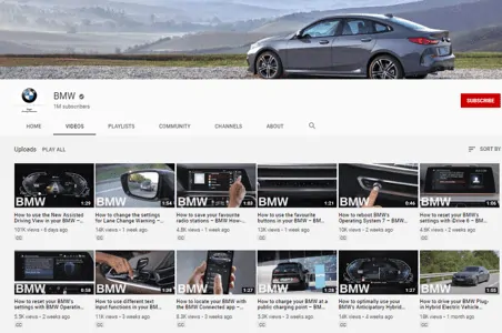 página principal do youtube da BMW