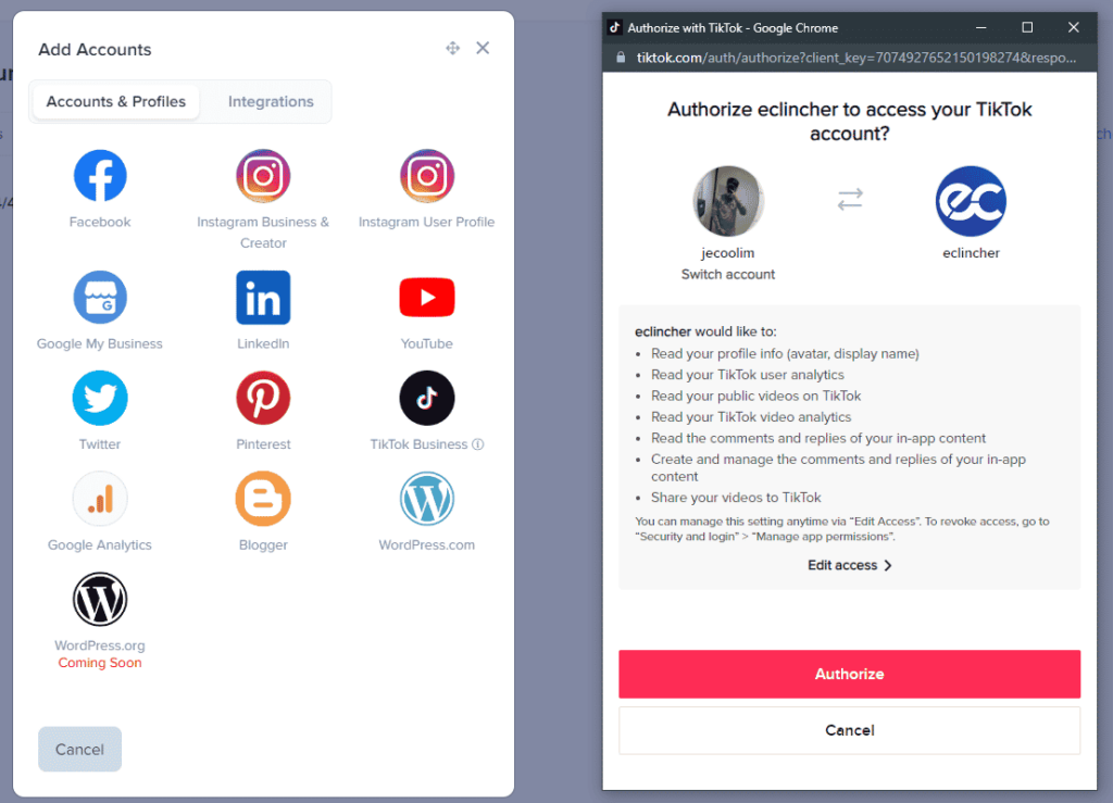 screnshot how to connect tiktok account to eclincher