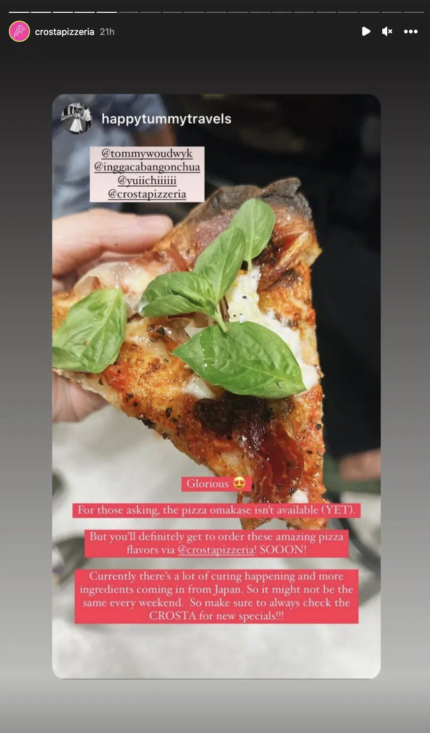 Crosta Pizzeria's instagram story of pizza