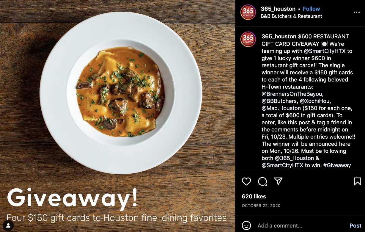 Using instagram to promote a giveaway from a local restaurant